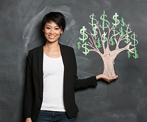 Money tree chalkboard drawing and person