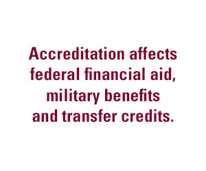 Text quote - Accreditation affects federal financial aid, military benefits and transfer credits.
