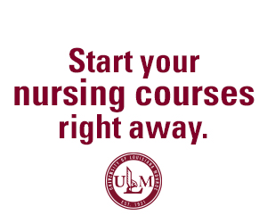 Text quote with ULM seal - Start your nursing courses right away.